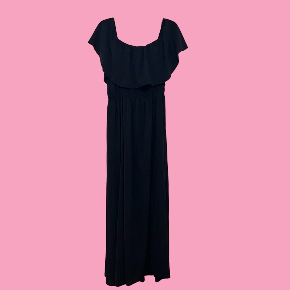 Ruffle Top Dress Black Size 1X Off the Shoulder Side Slit Elastic Waist - Picture 3 of 12